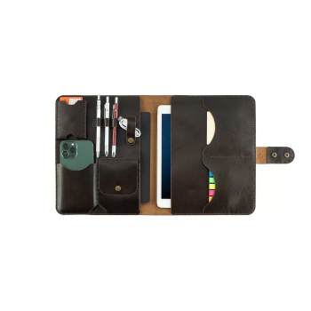 İsme Özel Çıtçıtlı Fonksiyonlu iPad Organizer - %100 Tiesto Deri - ET01003 - Koyu Kahverengi