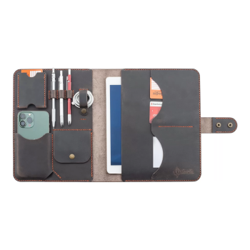 İsme Özel Çıtçıtlı Fonksiyonlu iPad Organizer - 10,9 (İnç) - %100 Crazy Deri - ET01004 - Kahverengi