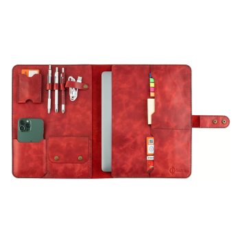 İsme Özel Çıtçıtlı Fonksiyonlu Macbook Organizer - %100 Rainbow Deri - ET02001 - Kırmızı