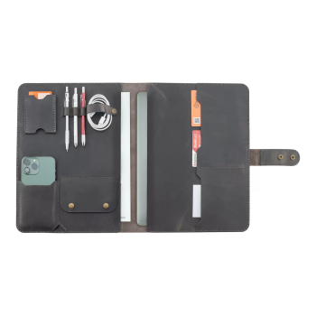 İsme Özel Çıtçıtlı Fonksiyonlu Macbook Organizer - %100 Crazy Deri - 11 (11 İnç) - ET02004 - Antrasit