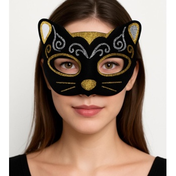 Kadife Dokulu Sim Detaylı Işıltılı Kedi Maskesi Altın Gümüş 20x13 cm