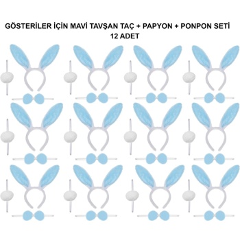 Mavi Tavşan Kostüm Seti – Taç, Papyon, Ponpon (12’li Paket)