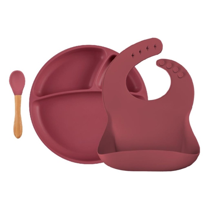 Blw II Silikon Beslenme Seti 3Lü (Tabaklı) Velvet Rose