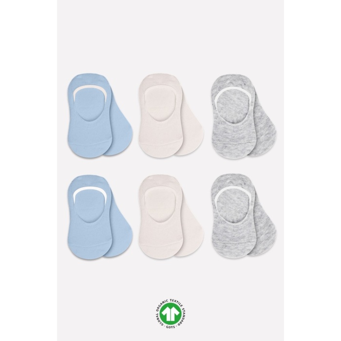 6Lı Silikonlu Babet Penye Çorap 30101 Mavi Ekru Gri