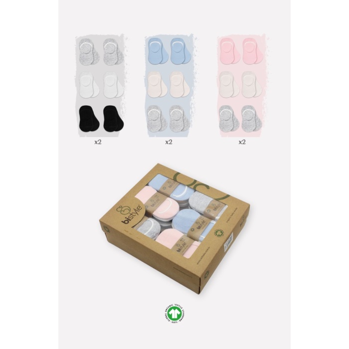 6Lı Silikonlu Babet Penye Çorap 30101 Pembe Ekru Gri