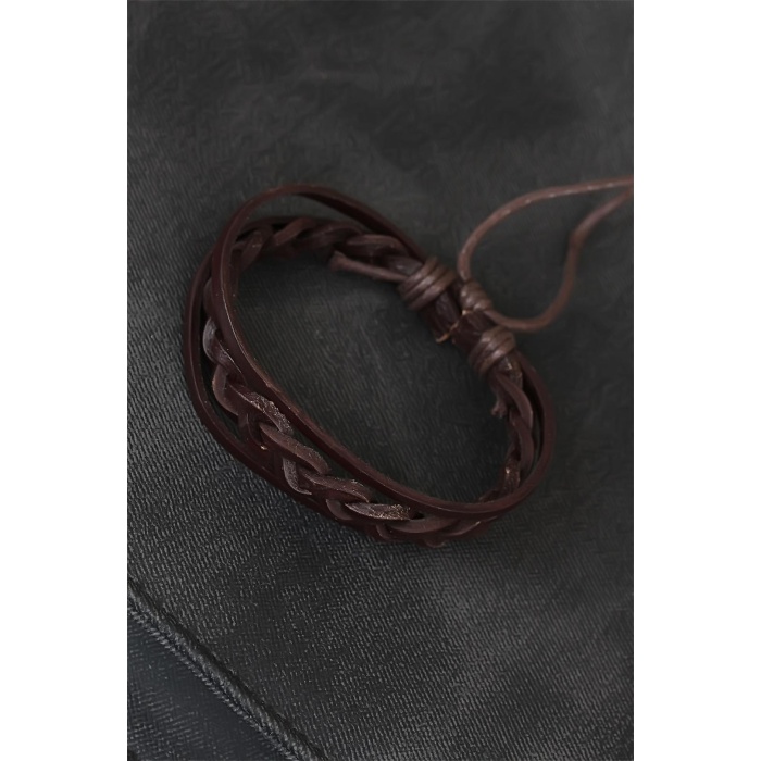 Kahverengi Örgü Deri Erkek Bileklik