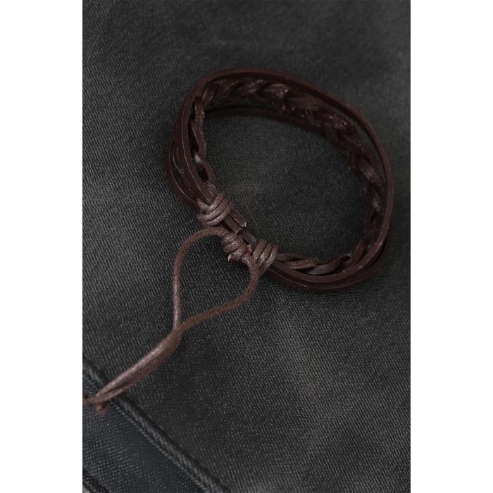 Kahverengi Örgü Deri Erkek Bileklik