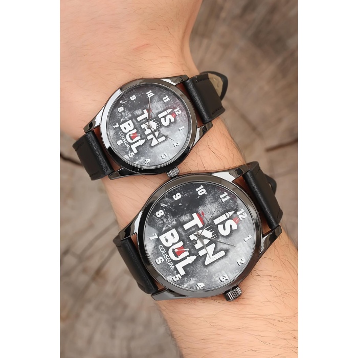 Siyah Renk Deri Kordonlu İstanbul Tasarımlı Sevgili Saatleri