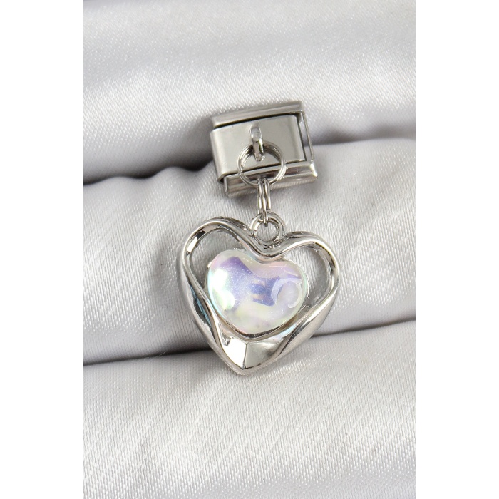 316L Çelik Sallantılı Zirkon Taşlı Kalp Model Gümüş Renk Nomination Charm