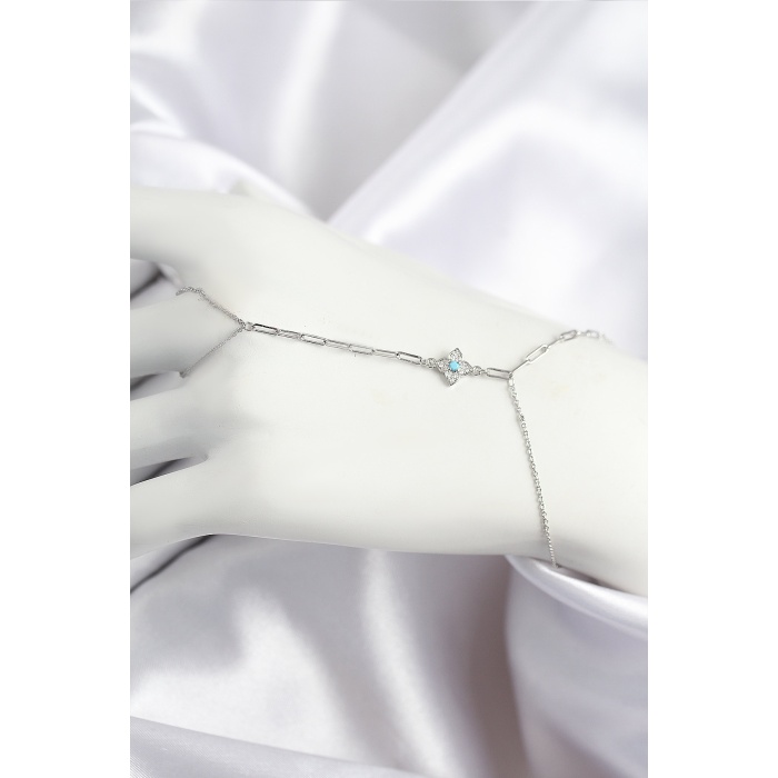 Pirinç Zirkon Taşlı Mavi Boncuklu Yonca Model Gümüş Renk Şahmeran