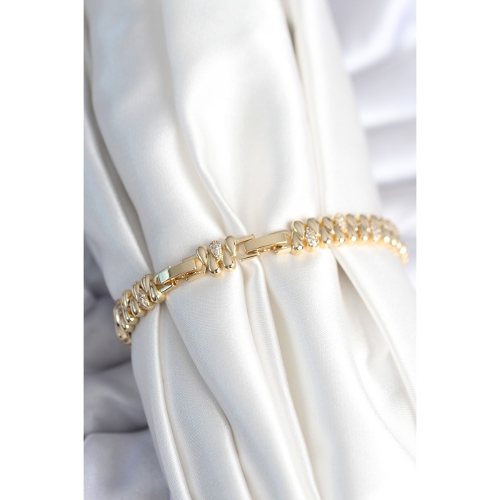 Pirinç Gold Renk Damla Model Zirkon Taşlı Kadın Bileklik