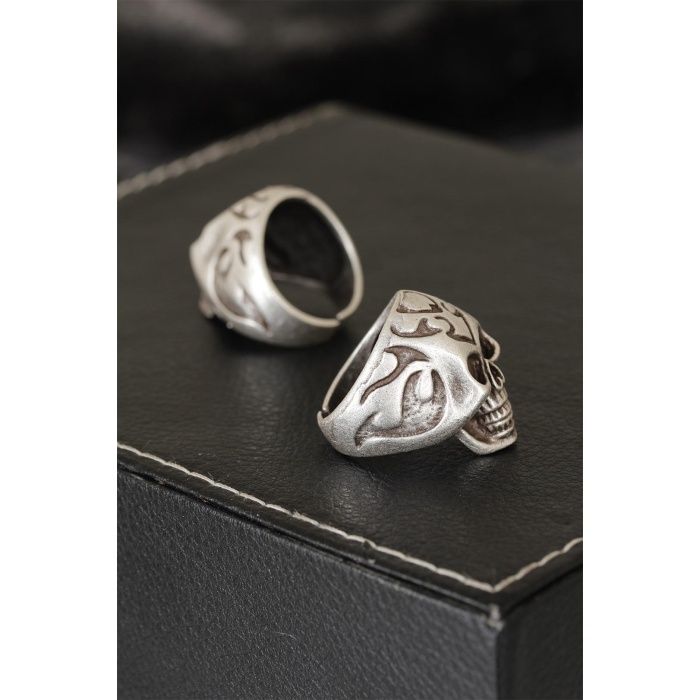 Kuru Kafa Tasarımlı Eskitme Gümüş Desenli Ayarlamalı Model Erkek Yüzük