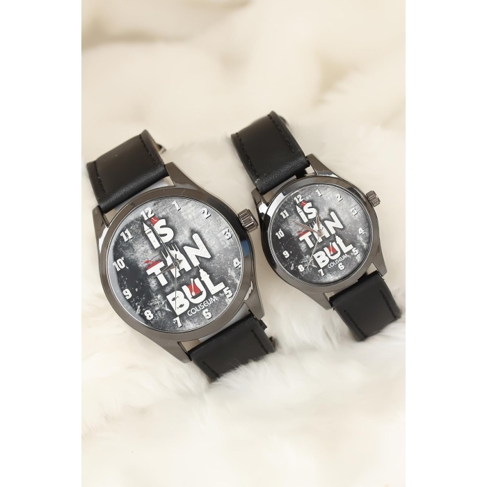 Siyah Renk Deri Kordonlu İstanbul Tasarımlı Sevgili Saatleri