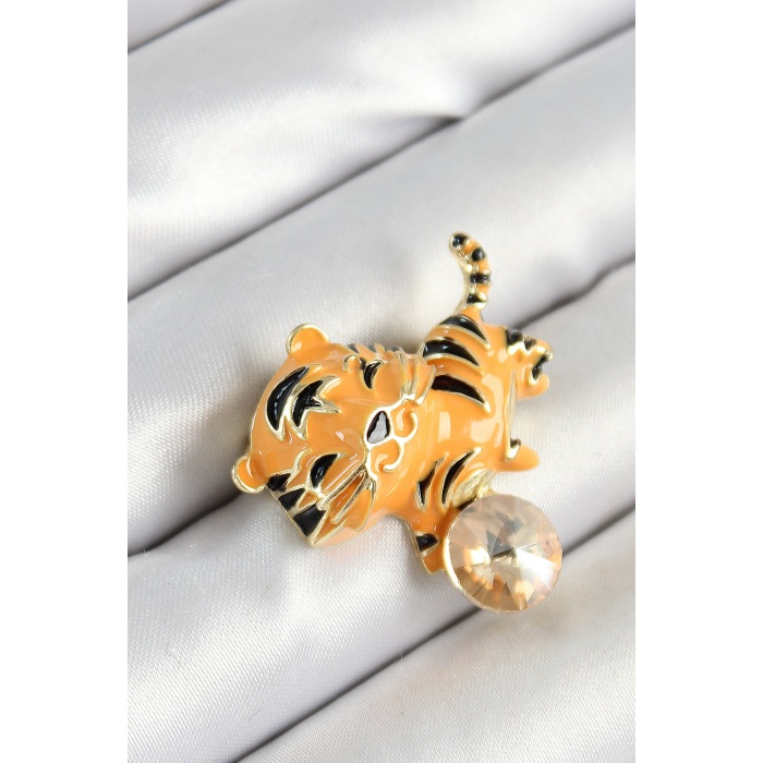 Zirkon Taşlı Siyah Çizgili Turuncu Kaplan Figürlü Gold Renk Kadın Broş