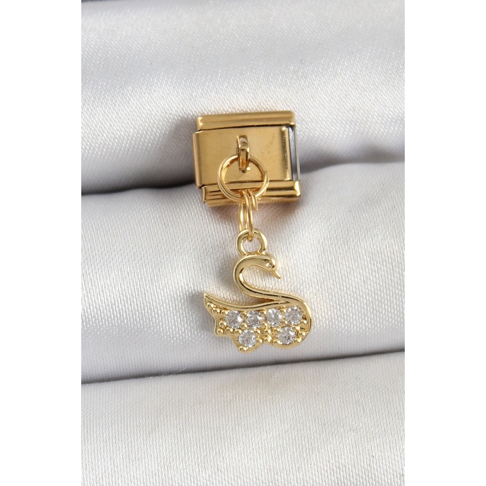 316L Çelik Sallantılı Zirkon Taşlı KuğuModel Gold Renk Nomination Charm