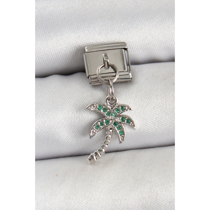 316L Çelik Sallantılı Zirkon Taşlı Palmiye Ağacı Model Gümüş Renk Nomination Charm