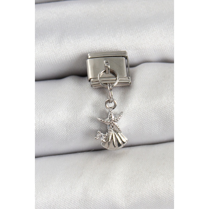 316L Çelik Sallantılı Zirkon Taşlı Deniz Yıldızı Ve İstiridye Model Gümüş Renk Nomination Charm