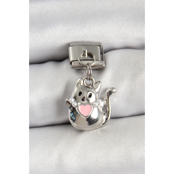 316L Çelik Sallantılı Kalp Detaylı Kedi Model Gümüş Renk Nomination Charm