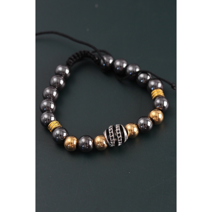 Doğal Taş Sarmal Model Gold Ve Füme Renk Asansörlü Erkek Bileklik