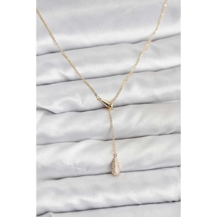 Pirinç Gold Renk Asansörlü Damla Model Kadın Kolye