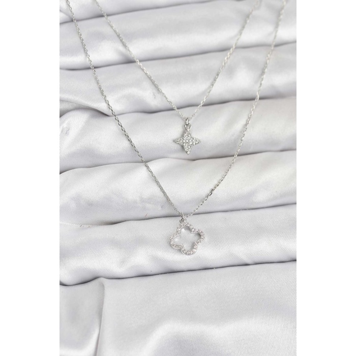 Pirinç Gümüş Renk Yonca Model 2li Kadın Kolye