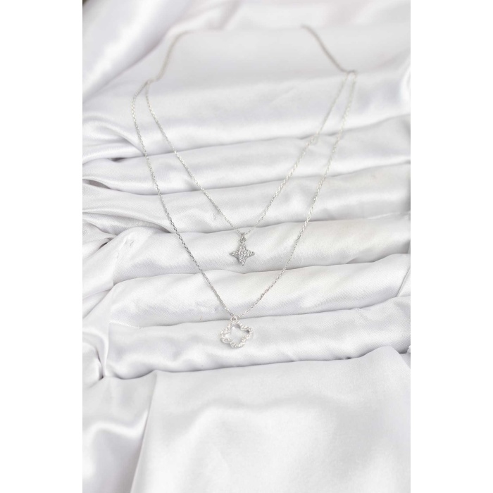 Pirinç Gümüş Renk Yonca Model 2li Kadın Kolye