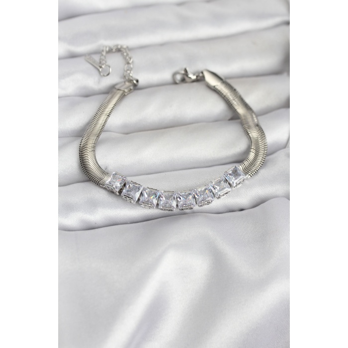 316L Çelik Gümüş Renk Kare Zirkon Taşlı Yılan Zincirli Kadın Bileklik