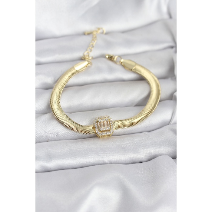 316L Çelik Gold Renk Baget Zirkon Taşlı Yılan Zincirli Kadın Bileklik