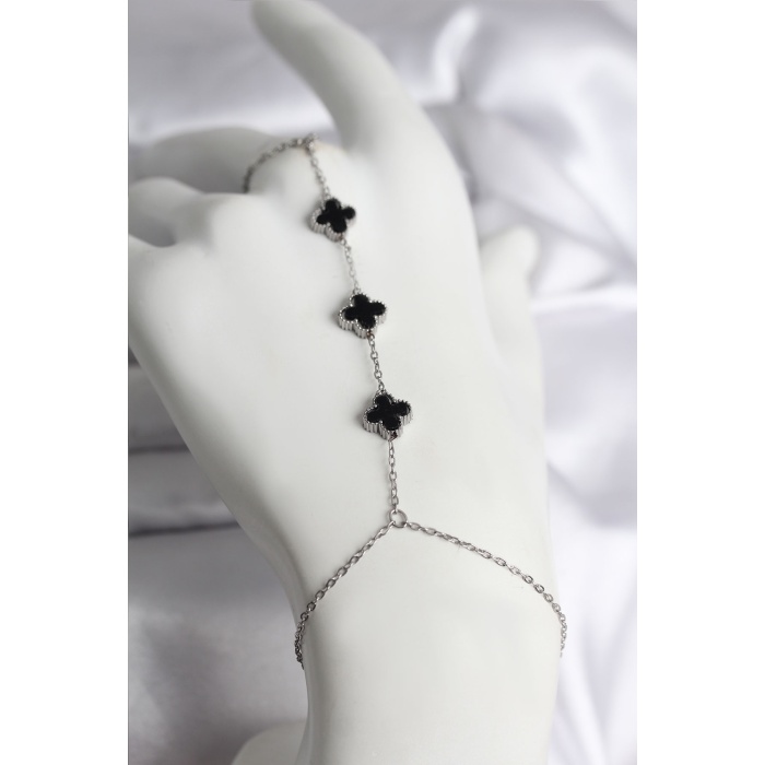 316L Çelik Gümüş Renk Siyah Yonca Model Kadın Şahmeran