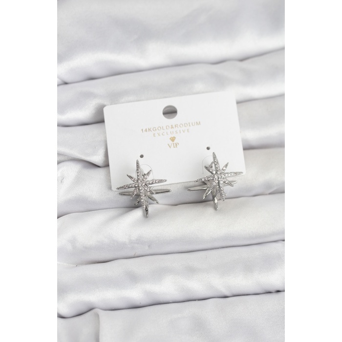 Gümüş Renk Pirinç Çift Taraflı Kutup Yıldızı Kadın Küpe