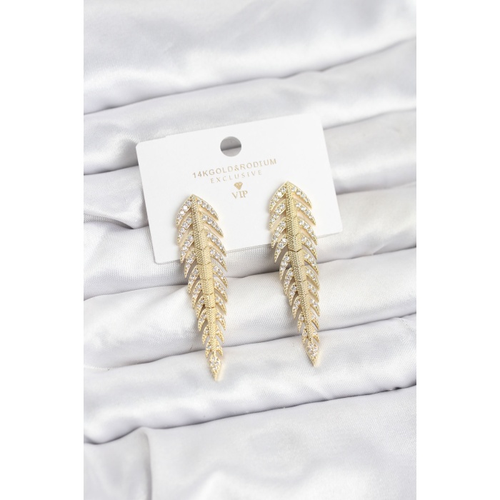 Pirinç Gold Renk Balık Sırtı Model Zirkon Taşlı Kadın Küpe