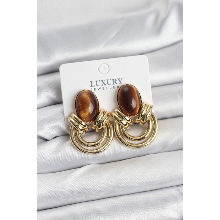 Pirinç Gold Renk Kahverengi Taşlı Vintage Kadın Küpe