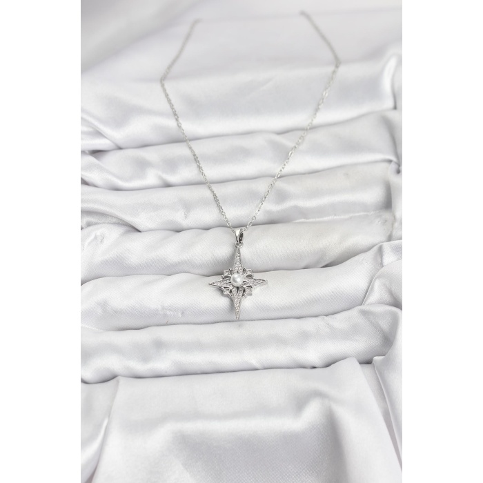 316L Çelik Zincir Gümüş Renk Kutup Yıldızı Model Zirkon Taşlı Kadın Kolye