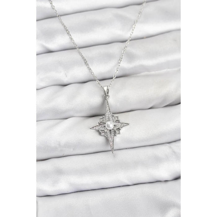 316L Çelik Zincir Gümüş Renk Kutup Yıldızı Model Zirkon Taşlı Kadın Kolye