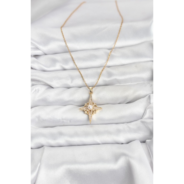 316L Çelik Zincir Gold Renk Kutup Yıldızı Model Zirkon Taşlı Kadın Kolye