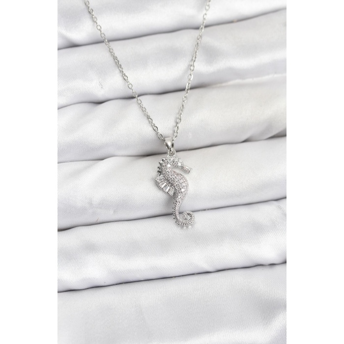 316L Çelik Zincir Gümüş Renk Deniz Atı Model Zirkon Taşlı Kadın Kolye