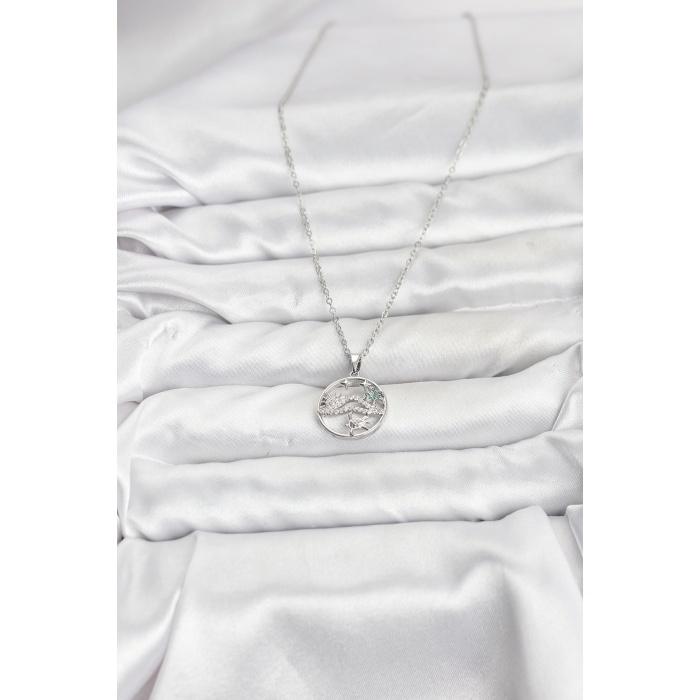 316L Çelik Zincir Gümüş Renk Şans Kolyesi Model Zirkon Taşlı Kadın Kolye