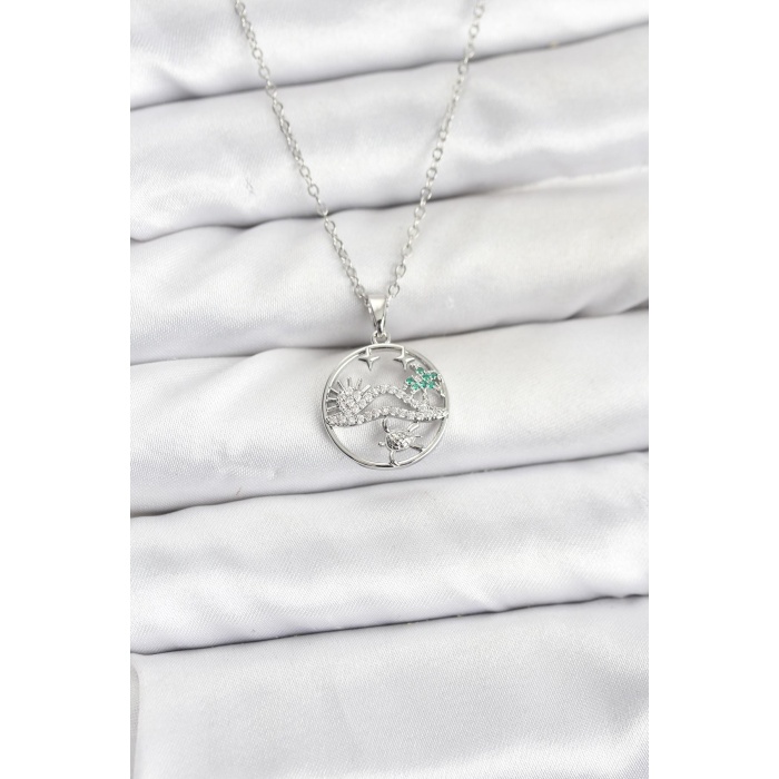 316L Çelik Zincir Gümüş Renk Şans Kolyesi Model Zirkon Taşlı Kadın Kolye