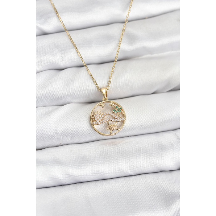 316L Çelik Zincir Gold Renk Şans Kolyesi Model Zirkon Taşlı Kadın Kolye