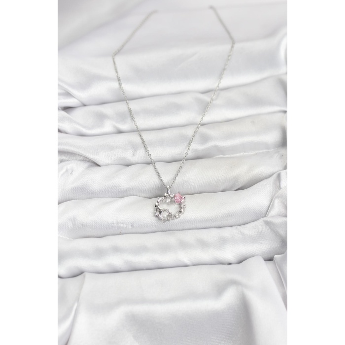 316L Çelik Zincir Gümüş Renk Pembe Taş Detaylı Çelenk Model Kadın Kolye