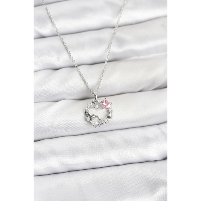 316L Çelik Zincir Gümüş Renk Pembe Taş Detaylı Çelenk Model Kadın Kolye