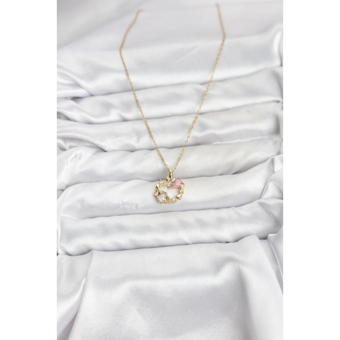 316L Çelik Zincir Gold Renk Pembe Taş Detaylı Çelenk Model Kadın Kolye