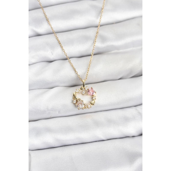 316L Çelik Zincir Gold Renk Pembe Taş Detaylı Çelenk Model Kadın Kolye
