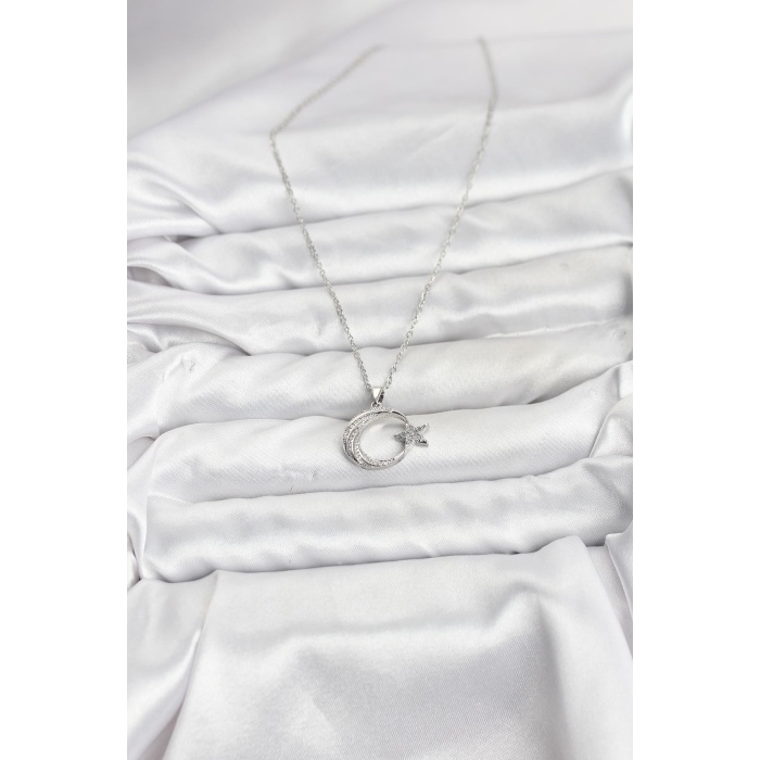 316L Çelik Zincir Gümüş Renk Ay Yıldız Model Zirkon Taşlı Kadın Kolye