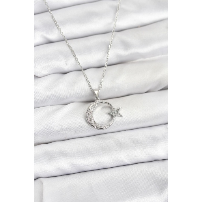 316L Çelik Zincir Gümüş Renk Ay Yıldız Model Zirkon Taşlı Kadın Kolye