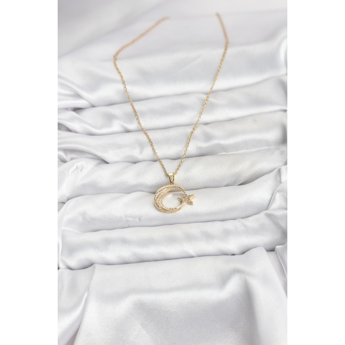 316L Çelik Zincir Gold Renk Ay Yıldız Model Zirkon Taşlı Kadın Kolye