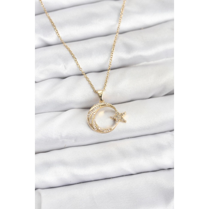 316L Çelik Zincir Gold Renk Ay Yıldız Model Zirkon Taşlı Kadın Kolye