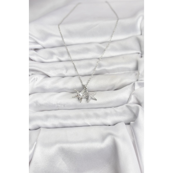 316L Çelik Zincir Gümüş Renk Deniz Yıldızı Model Zirkon Taşlı Kadın Kolye