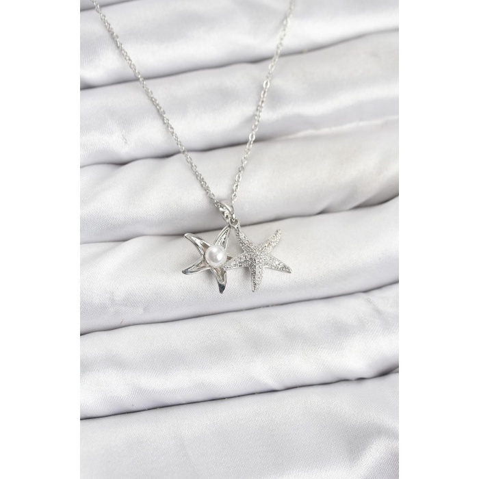 316L Çelik Zincir Gümüş Renk Deniz Yıldızı Model Zirkon Taşlı Kadın Kolye