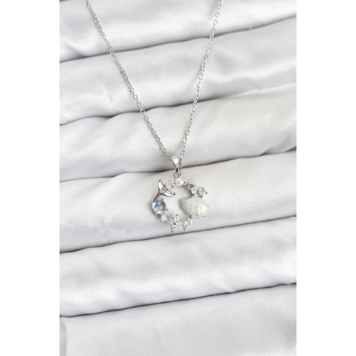 316L Çelik Zincir Gümüş Renk Deniz Tema Model Zirkon Taşlı Kadın Kolye